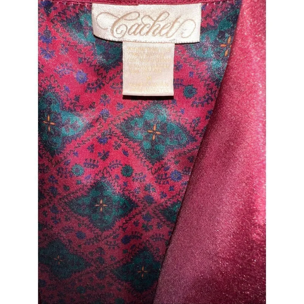 Vtg Cachet Women’s Kimono Robe Medium burgandy green Floral Jacquard Satin Belte